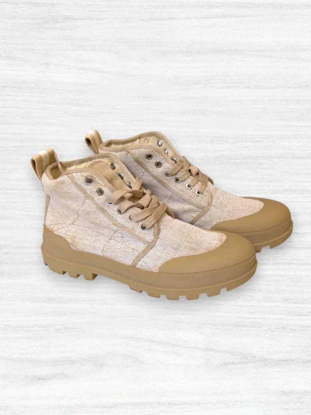 Zara Canvas Lug Sole Hiking Boots Shoes Beige Tan EU 39 US 8 Lace Up Ankle
